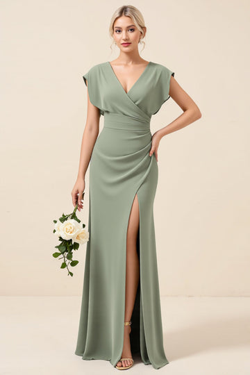 Robe de demoiselle d’honneur longue en mousseline de soie à col en V eucalyptus avec fente
